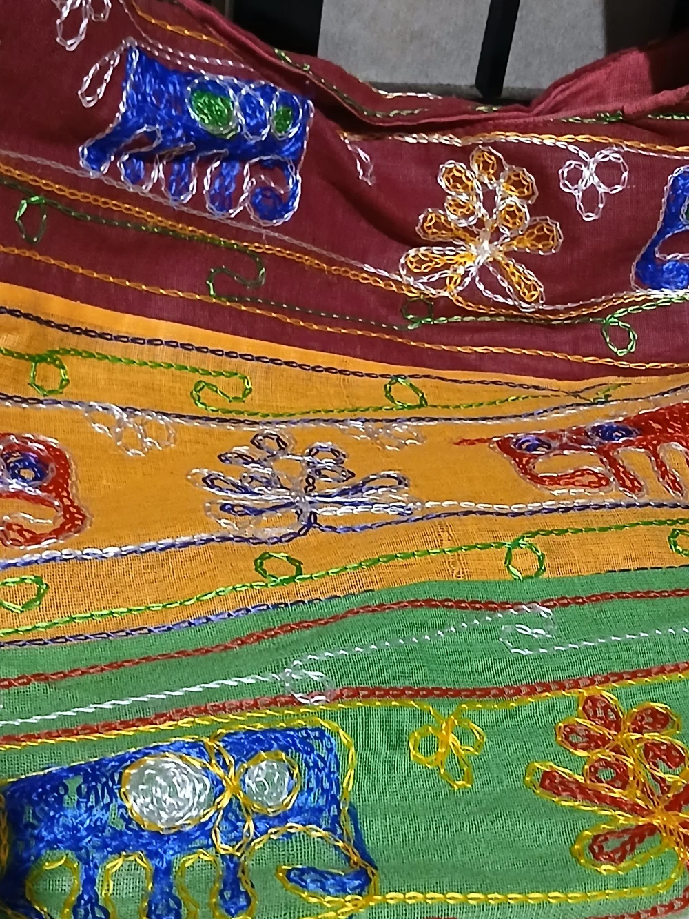 Embroidered Multicolor Cotton Hobo Bag